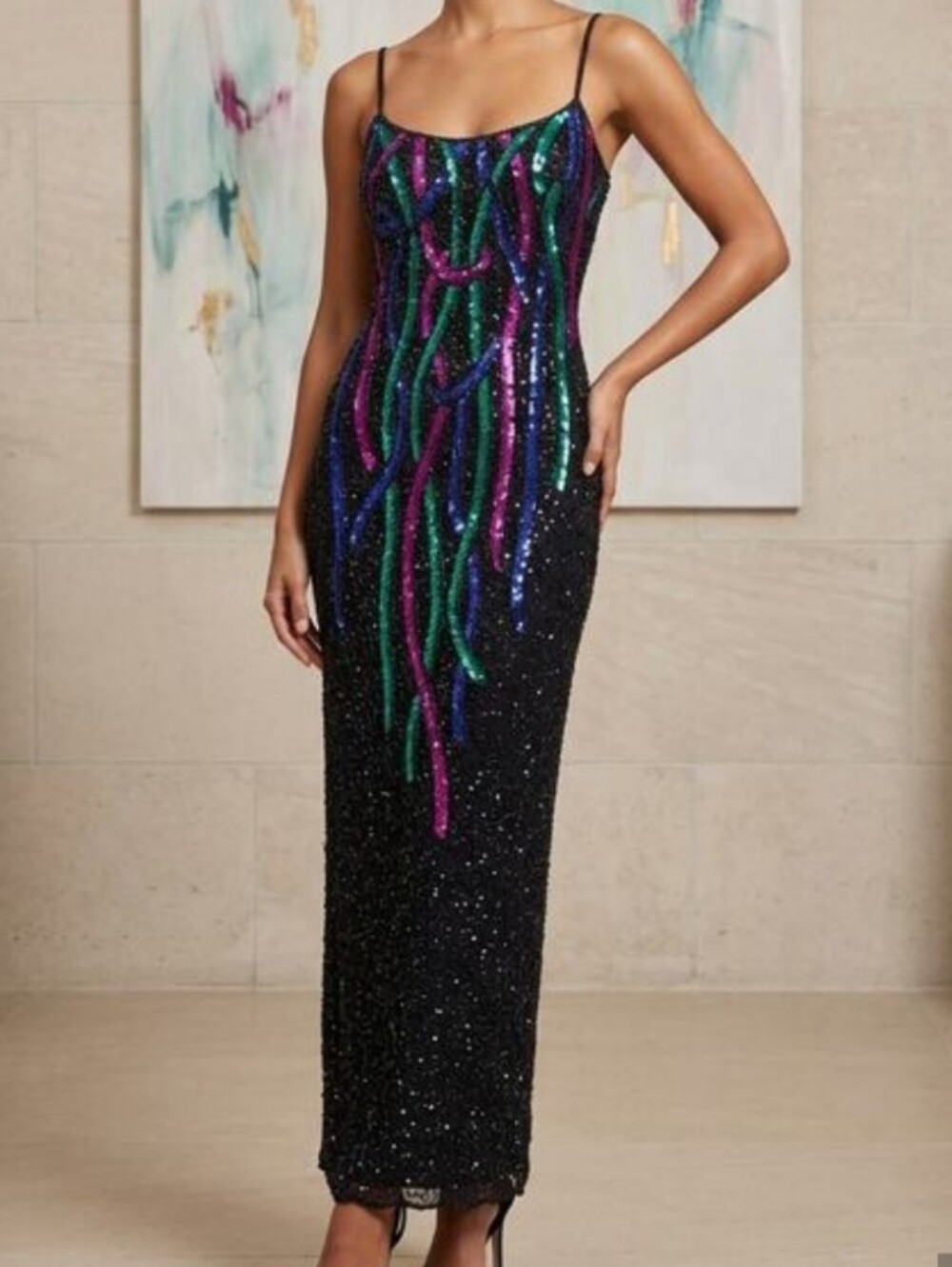 Papell Boutique Evening Gown Women's 6 Multicolor Silk 90s Beaded Sequin
